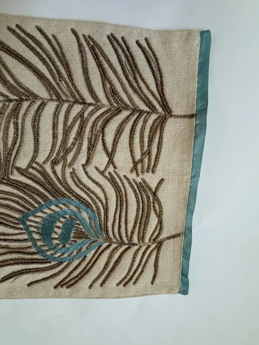 Pier 1 Peacock Feather Beaded Table Runner 41x13 Embroidered Cream Gold Blue